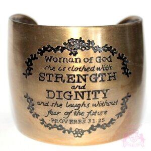 Woman of God Proverbs 31 Laugh Strength Dignity Antique Gold Tone Cuff Bracelet